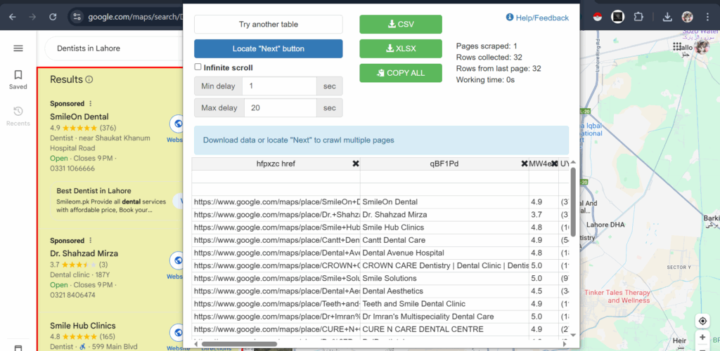 data scrapper tool view while extracting data from map