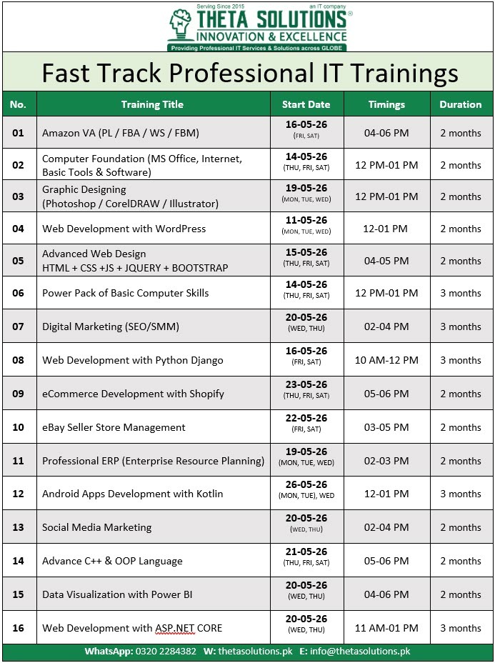 May 2026 - Fast Track Professional IT Trainings with Timings upcomming Trainings Schedual