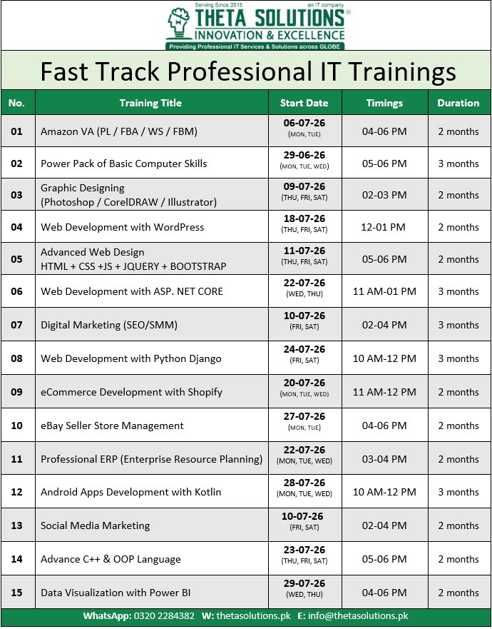 July 2026 - Fast Track Professional IT Trainings with Timings upcomming Trainings Schedual